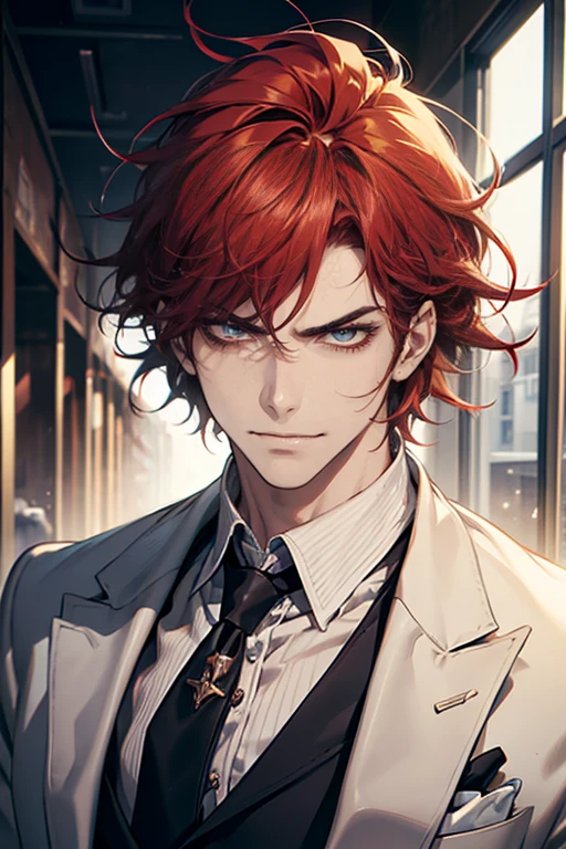(tmasterpiece, high resolution, ultra - detailed:1.0), (1 male, masculine face), Perfect male body, tall and strong, Adult male, Delicate eyes and delicate face, Extremely detailed CG, Unity 8k wallpaper, Complicated details, Detailed face, (red hair, messy hair, serious faces, white shirts,Bad students), (frown,evil smile:1.3), stad in school corridor, street style, color difference, Depth of field, dramatic shadow, Ray tracing, Best quality, Cinematic lighting, offcial art,Portrait