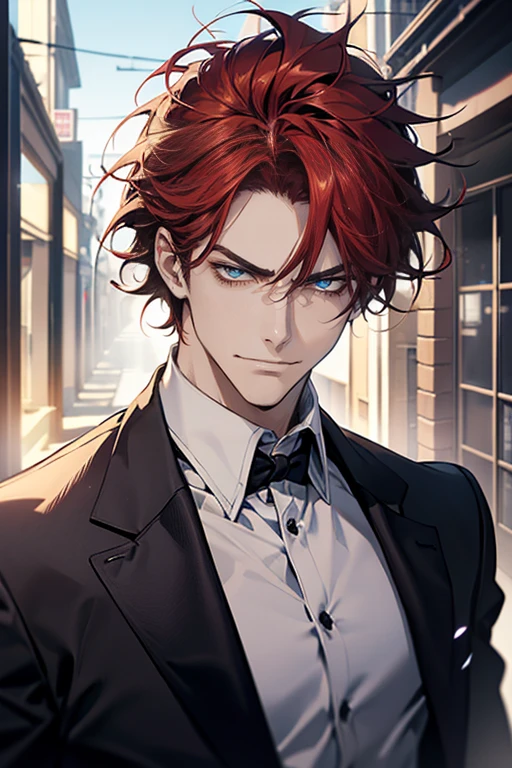 (tmasterpiece, high resolution, ultra - detailed:1.0), (1 male, masculine face), Perfect male body, tall and strong, Adult male, Delicate eyes and delicate face, Extremely detailed CG, Unity 8k wallpaper, Complicated details, Detailed face, (red hair, messy hair, serious faces, white shirts,Bad students), (frown,evil smile:1.3), stad in school corridor, street style, color difference, Depth of field, dramatic shadow, Ray tracing, Best quality, Cinematic lighting, offcial art,Portrait