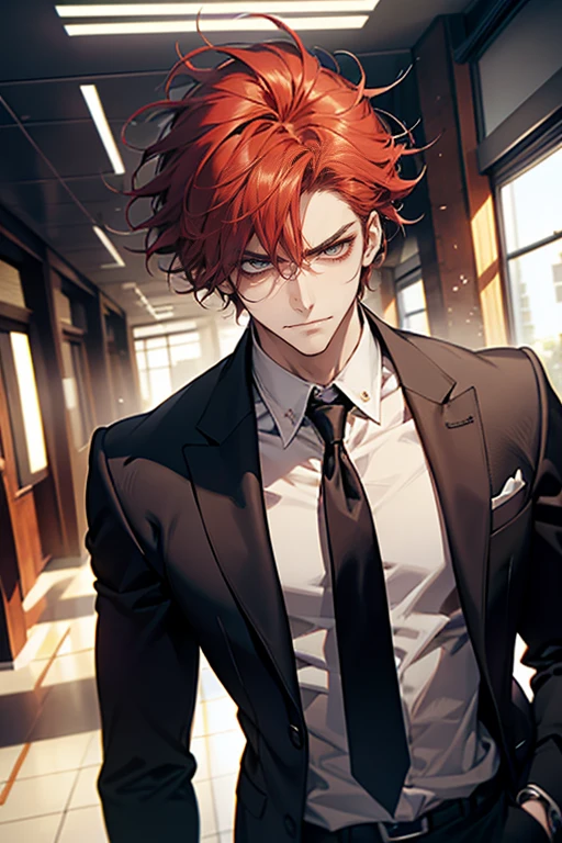(tmasterpiece, high resolution, ultra - detailed:1.0), (1 male, masculine face), Perfect male body, tall and strong, Adult male, Delicate eyes and delicate face, Extremely detailed CG, Unity 8k wallpaper, Complicated details, Detailed face, (red hair, messy hair, serious faces, white shirts,Bad students), (frown,evil smile:1.3), stad in school corridor, street style, color difference, Depth of field, dramatic shadow, Ray tracing, Best quality, Cinematic lighting, offcial art,Portrait