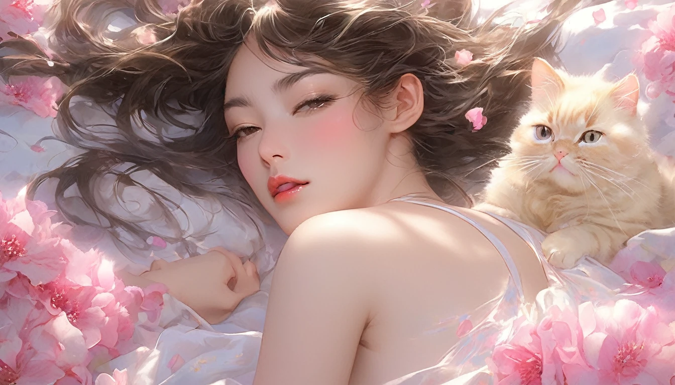 (Hisashi Eguchi style:1.2) , Hallucination, daydream , nightmare , Insane Dream , bokeh , erotica , romance , nudity girl , Petals fluttering down , (Single eyelids, round nose, swollen cheeks) , glossy lips , Collarbone , Hair blowing in the wind , Goddess of lust , (hide crotch by cats:1.2) , (hide nipple by cats:1.2) , (close up cat) , spread legs , bra , Groin , (Wide pelvis)