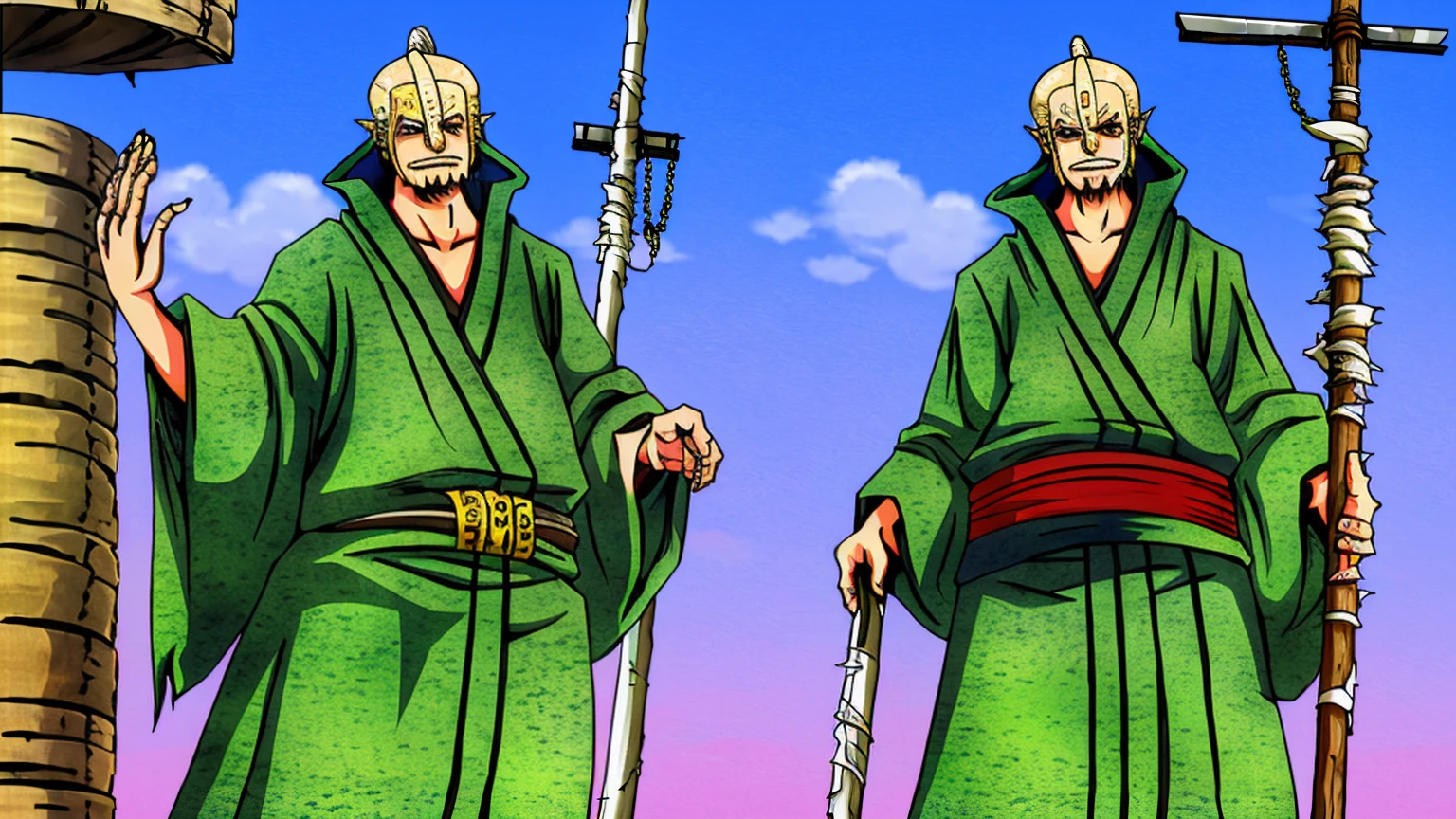 one man, elderly,full-length,bald,with two pairs of hands, dressed in torn clothes, (he stands in a niunzha sogi stand), high quality, 4k