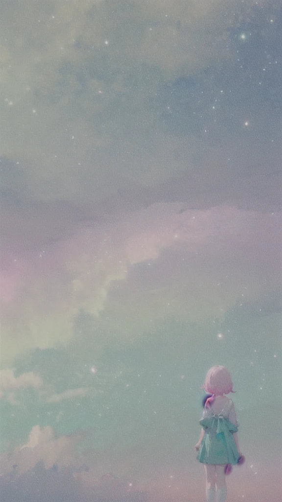 (Soft pastel colors:1.2)、(Pink light blue Cream emerald)、A girl gazing at the future city、From the back、Surreal、Whimsical、Magical、Fantasy、dream-like、