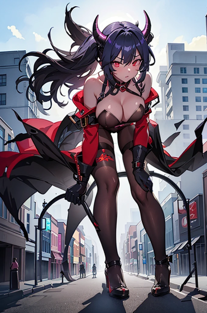 A very giantess succubus,with black skin and with white hair, horns and red eyes, with long sexy legs walks around destroying all the small town around him and crushing the little people. The shot is taken from below her legs as she looks down with contempt and disgust, highlighting her outfit which is very sexy and tight, marking her nipples through her clothes. very tall succubus, giant, tall, tiny city, destroyed floor, heels, sexy, transparent pantyhose, evil, better quality, very closer photo