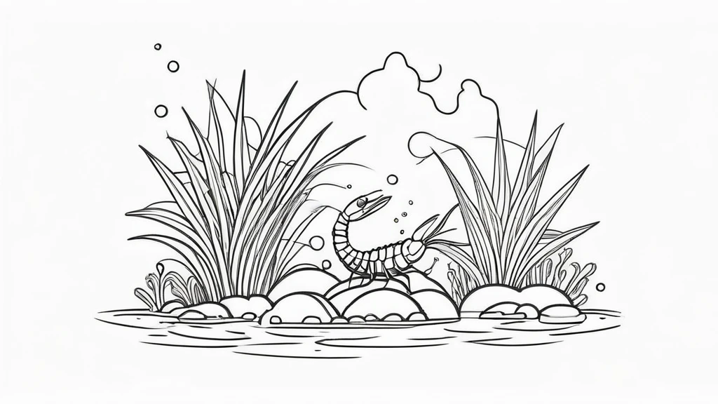 a group small shrimp in aquascape scenery, coloring page for kids, happy, smiling, vector art, minimalistic, vector 2d, black lines white background, coloring page for beginners, vector illustration, pencil strokes, no color, drawing for coloring, white background, pixar style, black and white