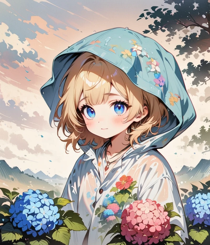 Cool androgynous face、Blonde short、When it rains, a rainbow appears。Hydrangea(masterpiece, Highest quality:1.2), Cartoon style character design, alone,Big eyes,Floral Shirt,interesting,interesting