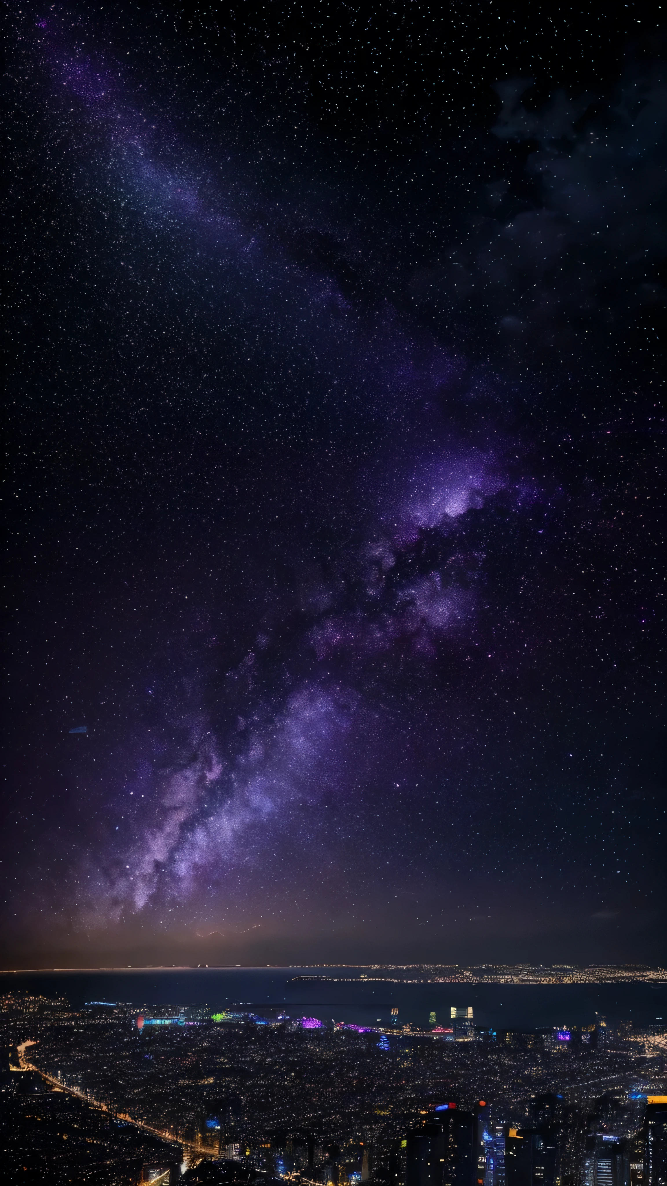 Starry sky with constellations, Purple hue like a nebula, Vast space, Cyberpunk City at the Bottom,  