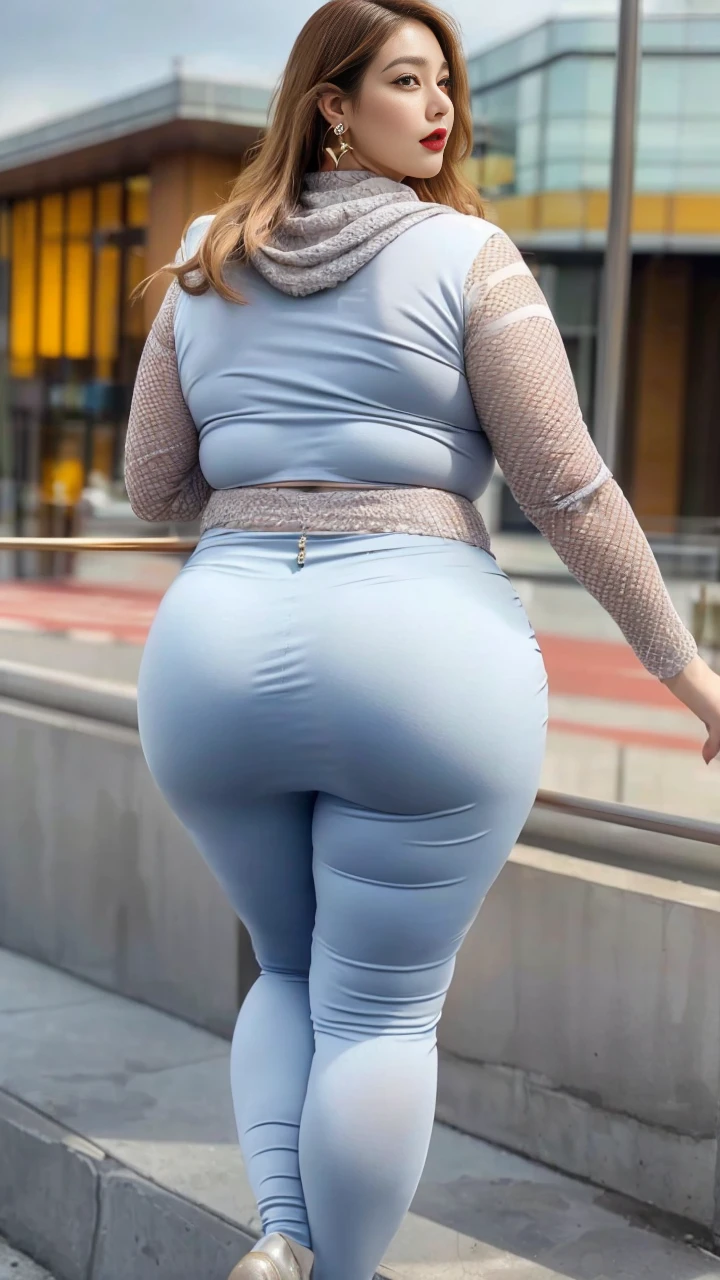 outdoor，Scenes，Clothes color random, (No cleavage),thigh, cosmetic, (Lipstick: 1.1), (Eyeliner: 1.2), mascara, Eyeshadow,Outdoor sports, earrings, necklace, Black pantyhose, Wrinkles at the corners of the eyes, Oral wrinkles,High Neck Knit Bodycon Skirt，full-body shot，An Asian Japanese woman，65 years old，big eyes，elegant temperament elegant temperament，(masterpiece:1.2, best quality), actual, (real picture,45 years old， Intricate details, Depth of Field，High neck clothes), careful, The content is very detailed, This is a perfect face, Perfect body, Large Model, Mature woman, High, Leg length,Black silk suspenders，8k,best quality, masterpiece, Ultra-high resolution,(lifelike:1.4), original photo, Stay focused, detailed, dramatic, Exquisite beautiful woman, (tall and straight:1.1),(Fat goddess desetallic high leg high collar dress :1.0),(High collar fitted skirt),half butterfly earrings, double ring necklace, (:1.05), (65 years old, : 1.4), cosmetic, (Lipstick: 1.1), (Eyeliner: 1.2), mascara, Eyeshadow, Long curly hair, Dynamic Angle, (Red lips)Beautiful graphics, thigh long，Random Color Greasy Reflective Tights, Scenes，Fishnet stockings，Red high heels