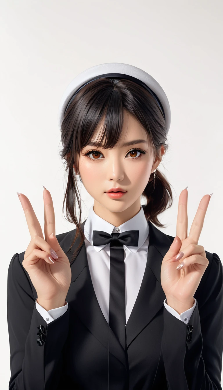 (((Perfect body,White and tender skin,(((Black strap dress, black long bow tie, white lining, black hat))),(((Kobeni Higashiyama, black hair, hair ornament, hairclip, ponytail, short hair, (brown eyes:1.5),))),((masterpiece)),highres,((Best quality at best)),masterpiece,quality,Best quality,((( Exquisite facial features,Looking at the audience,There is light in the eyes,(((frown,Wronged))),Scissorhands))),(((Light and shadow,Huge breasts,))),(((Looking at the camera,White background))))