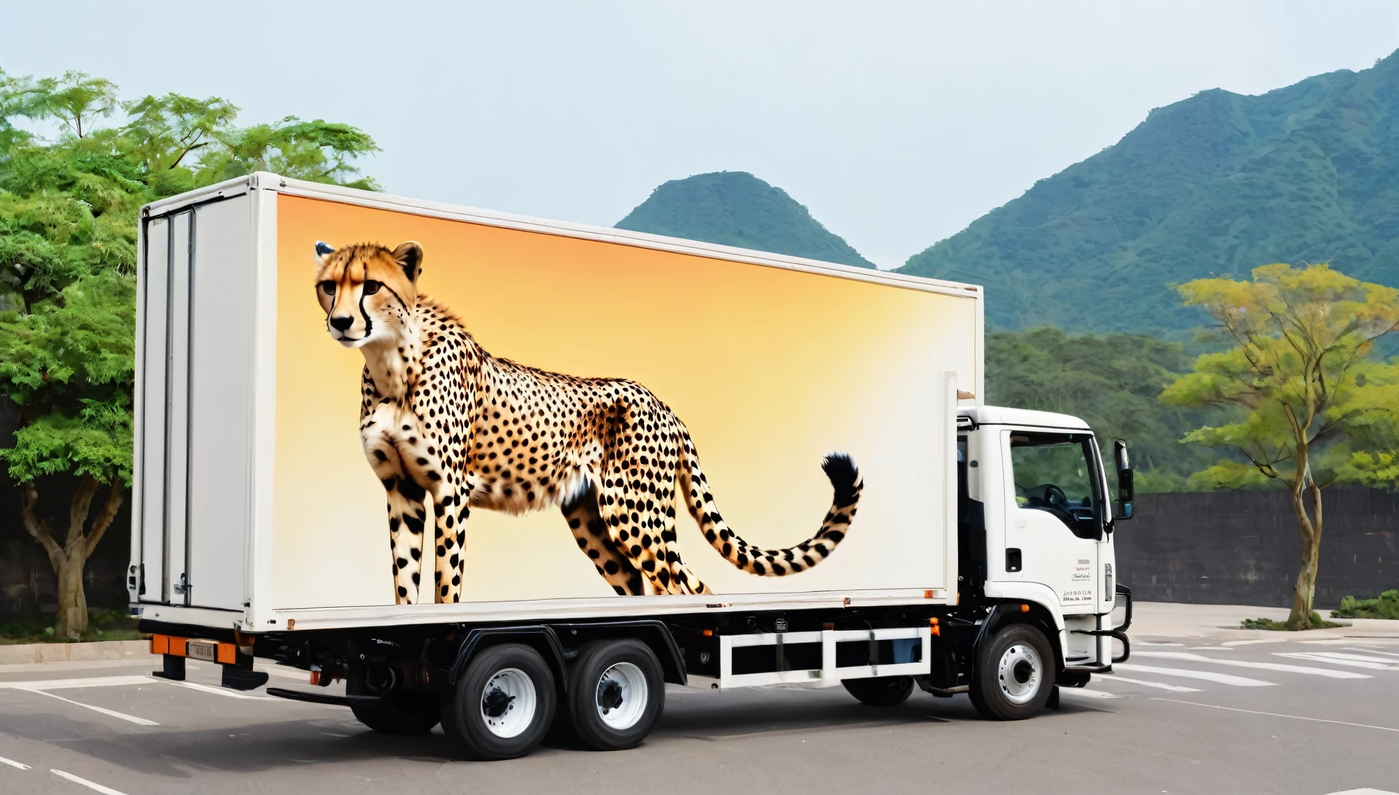 There is an illustration of a cheetah on the side of the large truck box.。The truck was parked in a busy area、The lighting is beautifully done。フォトRealistic:1.2, Realistic, masterpiece:1.2: