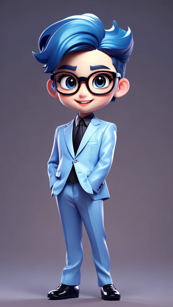 masterpiece, A cute boy standing, Glasses, Black suit, Blue Hair, Chibi style, Perfect 3D Animation , Perfect lips and easy，Smile
