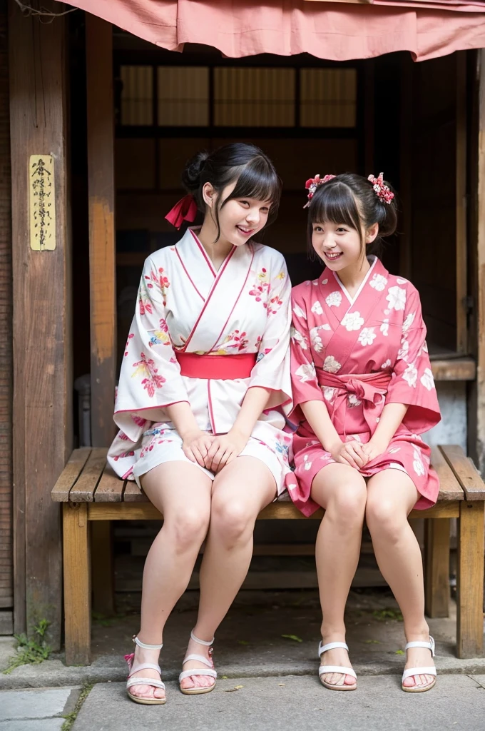 2 girls on wooden bench in old-Japanese street,floral pink yukata with red obi,18-year-old,bangs,a little smile,thighs,knees,short hair and low pigtails with red ribbon bow,from before,front light