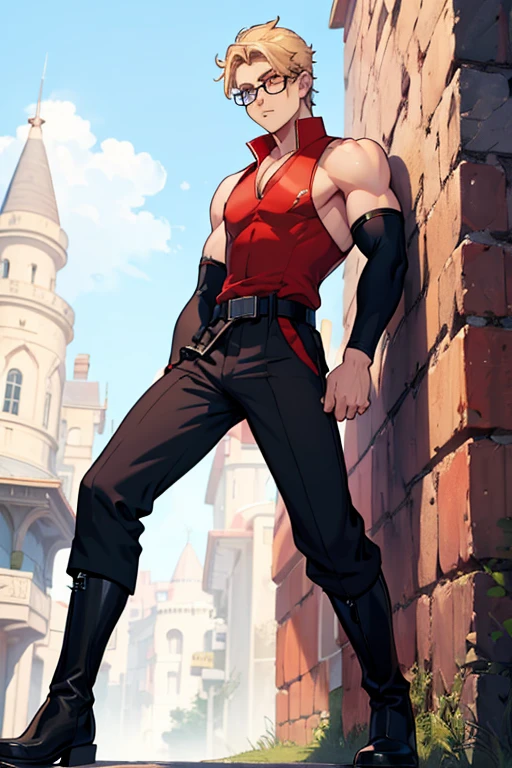 male, blue eyes, blonde hair, (((1boy))), (((red sleeveless tunic))), (white shirt with sleeves rolled up), (black pants), (black boots), (black belt), (glasses), long legs, trimmed goatee, slender