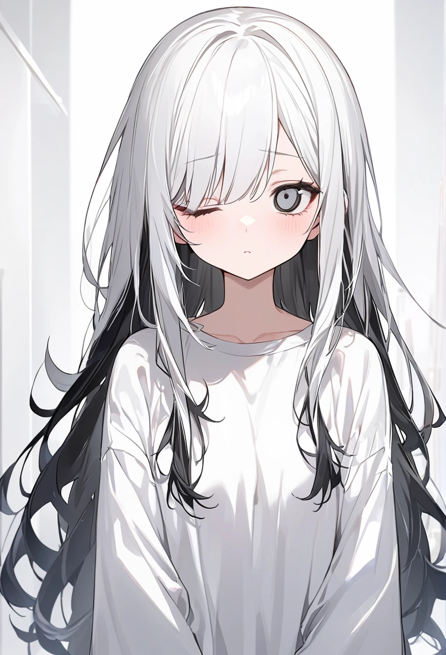 Black and White、Girl、Black and white hair、Black and white mixed、Black and white mixed髪の毛、Half Black、Half white、Long Hair、Odd Eye、Odd Eye 左目が白色 右目が黒色、Left eye is white、Left eye is white、Right eye is black、Right eye is black、全体的に黒と白が混ざったGirl、Black and WhiteのGirl、White background、白と黒のGirl、White Room、黒色と白色のGirl、emotionless、Calm、Lots of black、A lot of black、Lots of black髪の毛、一人のGirl、1 Girl、1 Girl、Mostly black