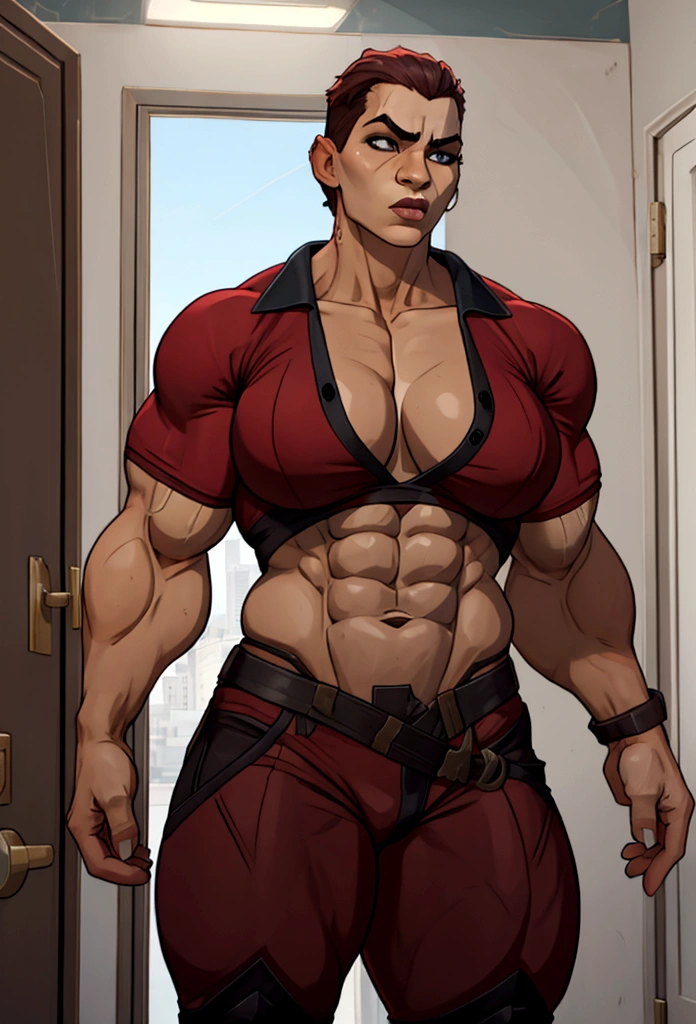 very big power house muscle woman restroom abs big pecs
