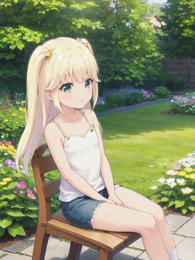 1 Girl, ,Highest quality, Very detailed, masterpiece, Outdoor ,Sitting,garden,Green Eyes,Blonde, Long Hair, Eyebrows visible through hair, White camisole,Flat Chest,S○l○,Very detailedな, (masterpiece),,upper body,顔 focus, No hair accessories