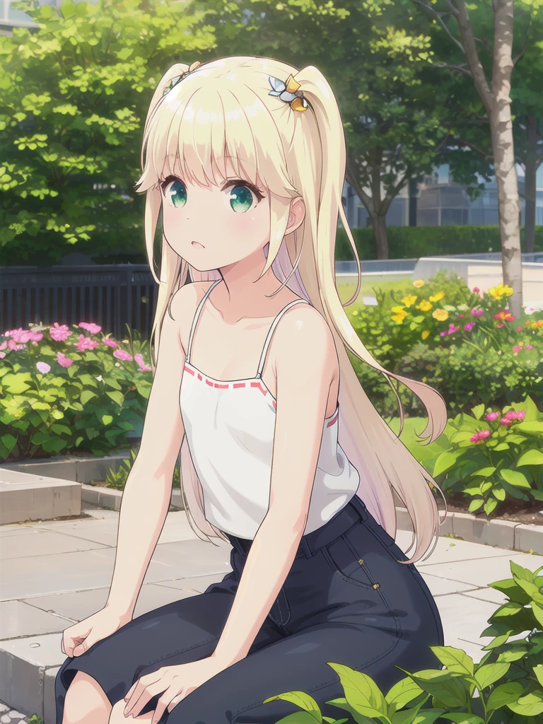 1 Girl, ,Highest quality, Very detailed, masterpiece, Outdoor ,Sitting,garden,Green Eyes,Blonde, Long Hair, Eyebrows visible through hair, White camisole,Flat Chest,S○l○,Very detailedな, (masterpiece),,upper body,顔 focus, No hair accessories