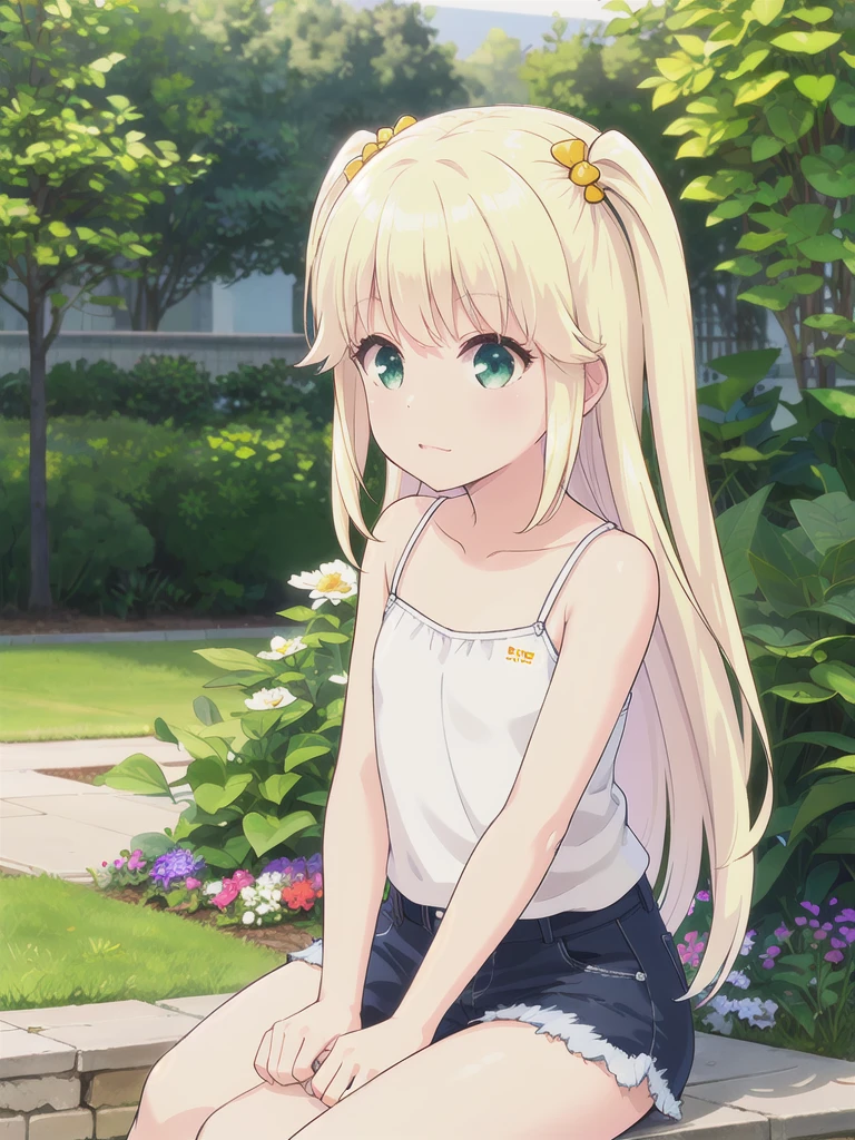 1 Girl, ,Highest quality, Very detailed, masterpiece, Outdoor ,Sitting,garden,Green Eyes,Blonde, Long Hair, Eyebrows visible through hair, White camisole,Flat Chest,S○l○,Very detailedな, (masterpiece),,upper body,顔 focus, No hair accessories