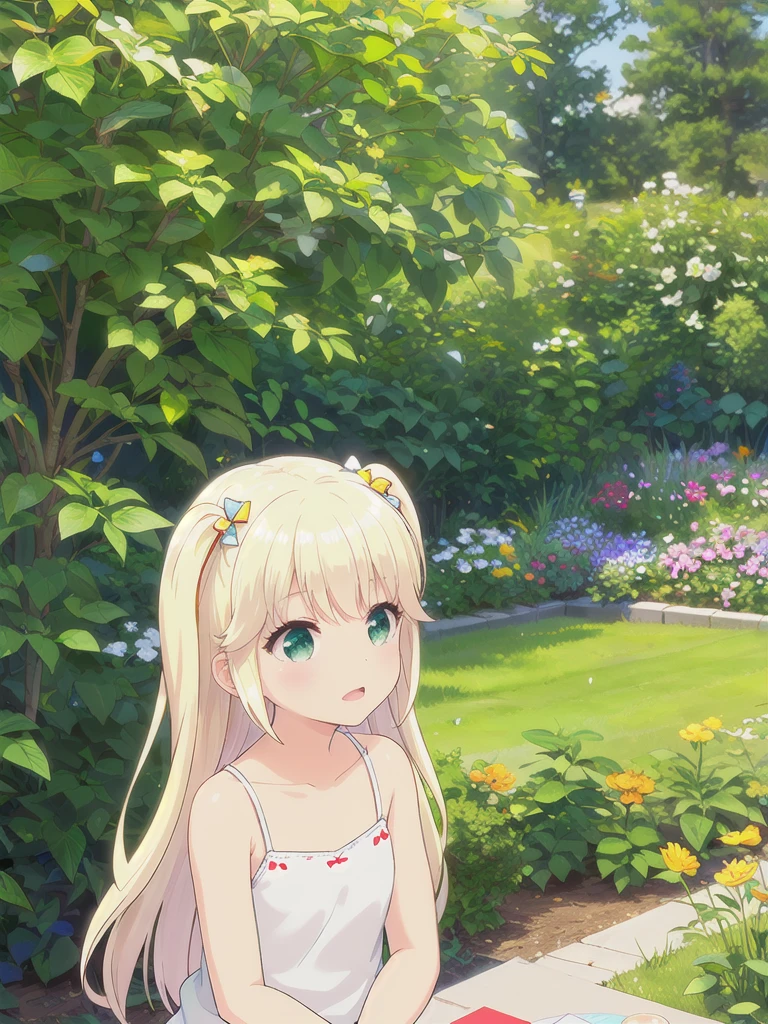 1 Girl, ,Highest quality, Very detailed, masterpiece, Outdoor ,Sitting,garden,Green Eyes,Blonde, Long Hair, Eyebrows visible through hair, White camisole,Flat Chest,S○l○,Very detailedな, (masterpiece),,upper body,顔 focus, No hair accessories