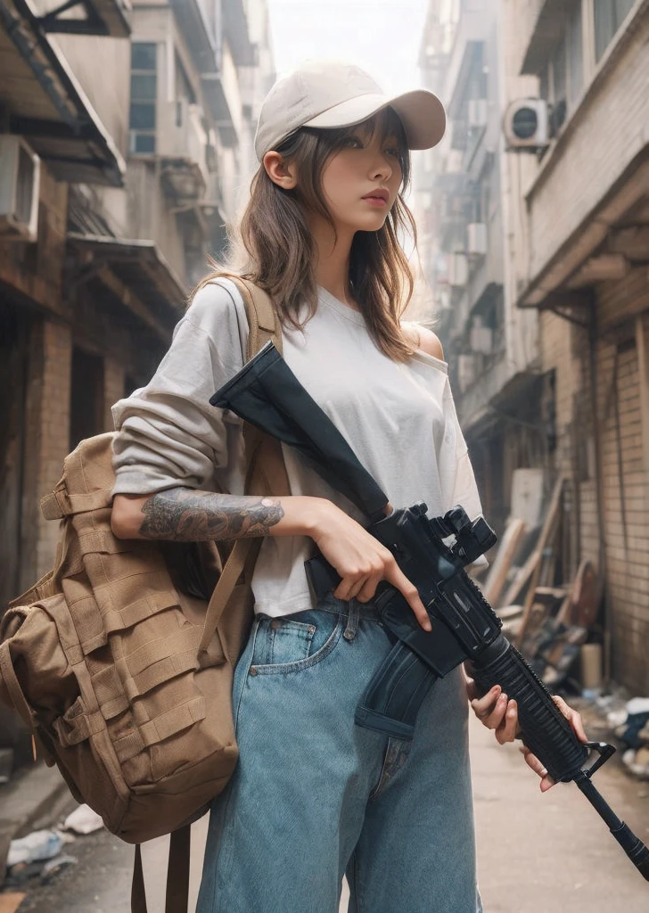 8K,Realistic Photo、Realistic Skin Texture、Superrealism、Japanese woman living in America、Operation、In a mid-sized American city、Old brick building、mortar、Loose Fit T-Shirt、Shoulder bag、Denim pants、Dirty sneakers、Hunting rifles、Dirty alley、Baseball Cap