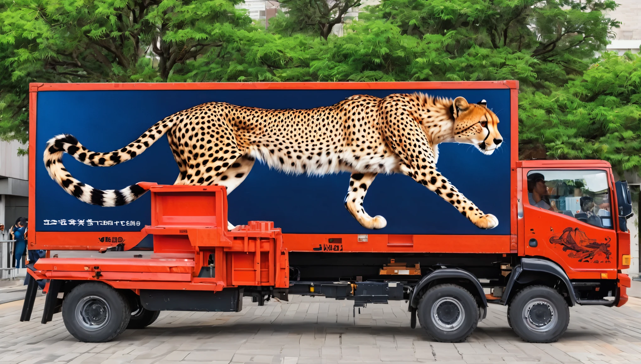 There is an illustration of a cheetah on the side of the large truck box.。The truck was parked in a busy area、The lighting is beautifully done。フォトRealistic:1.2, Realistic, masterpiece:1.2: