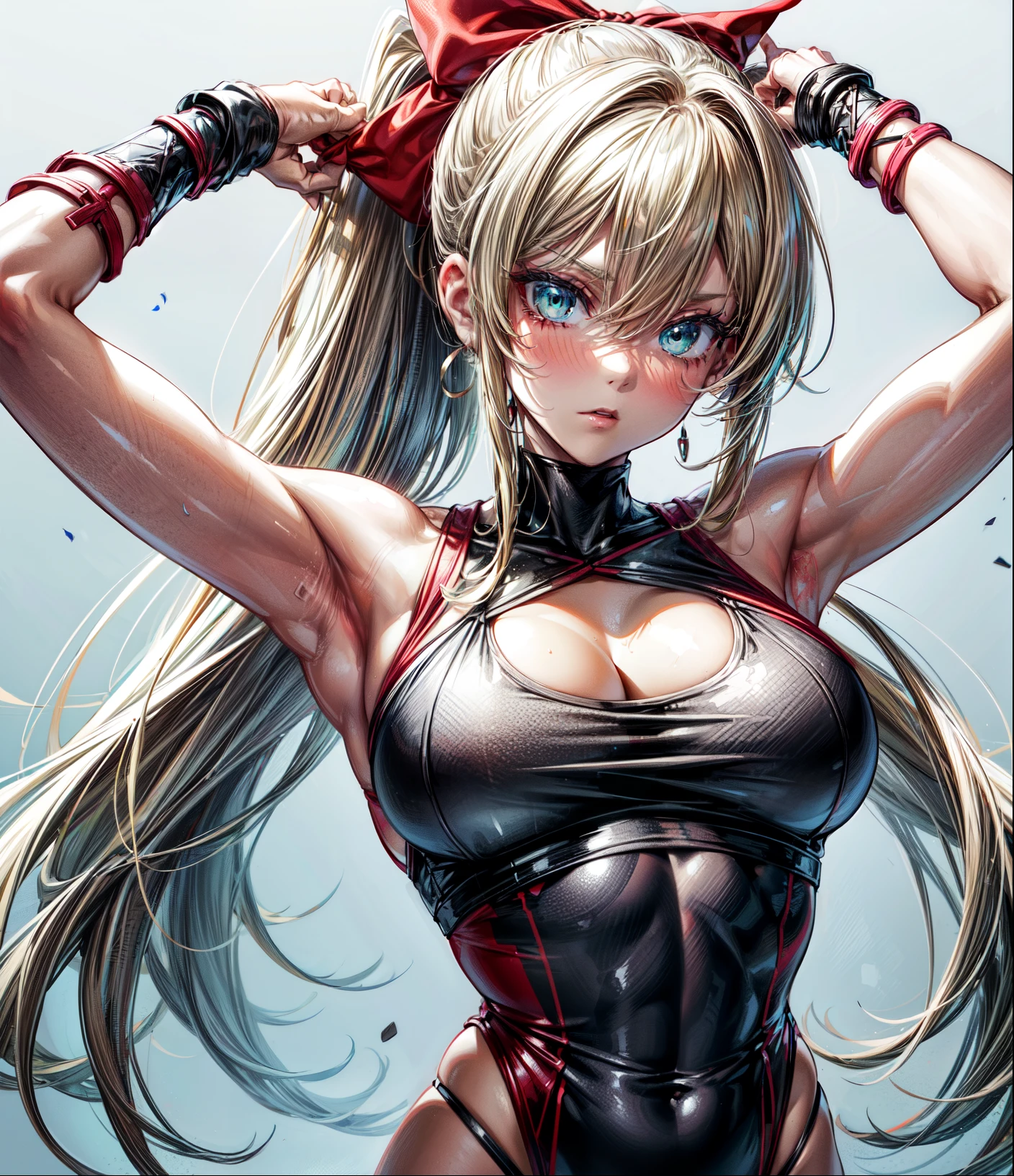 megamanroll, roll, girl, sexy , hole body, ultra-detailed,large breasts, hot, spicy ,solo, green eyes, blonde hair, ponytail, ribbon, long blonde hair, red dress, hair ribbon, green ribbon, sidelocks, boots, (((masterpiece, best quality, ultra sharp details, ultra sharp body details, ultra sharp skin details))), red gym shorts, black tank top,