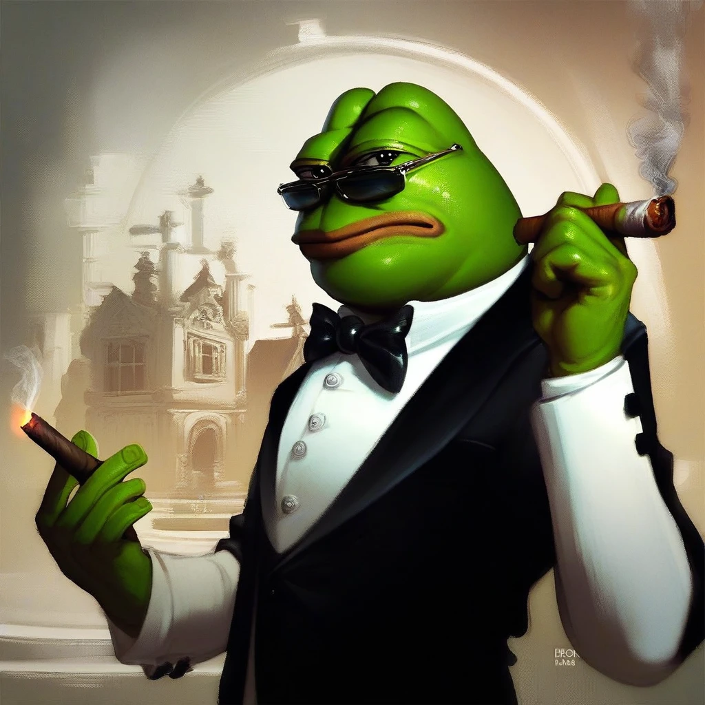 score_9, score_8_up, score_7_up, score_6_up, score_5_up, score_4_up, pepe the frog wearing a suit and smoking a cigar, solo, male, frog, amphibian, cigar, tuxedo, smoking, mansion, money, sunglasses, detailed background 