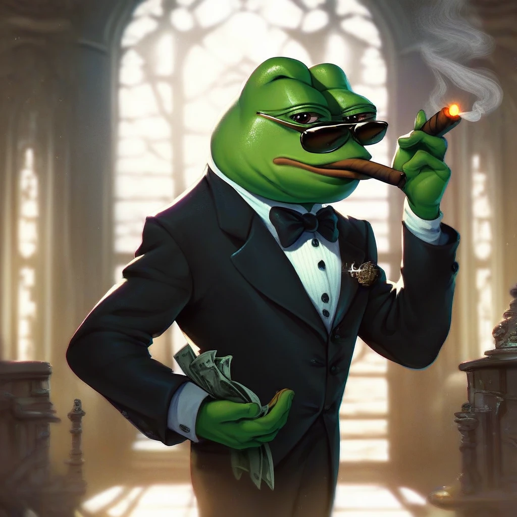 score_9, score_8_up, score_7_up, score_6_up, score_5_up, score_4_up, pepe the frog wearing a suit and smoking a cigar, solo, male, frog, amphibian, cigar, tuxedo, smoking, mansion, money, sunglasses, detailed background 