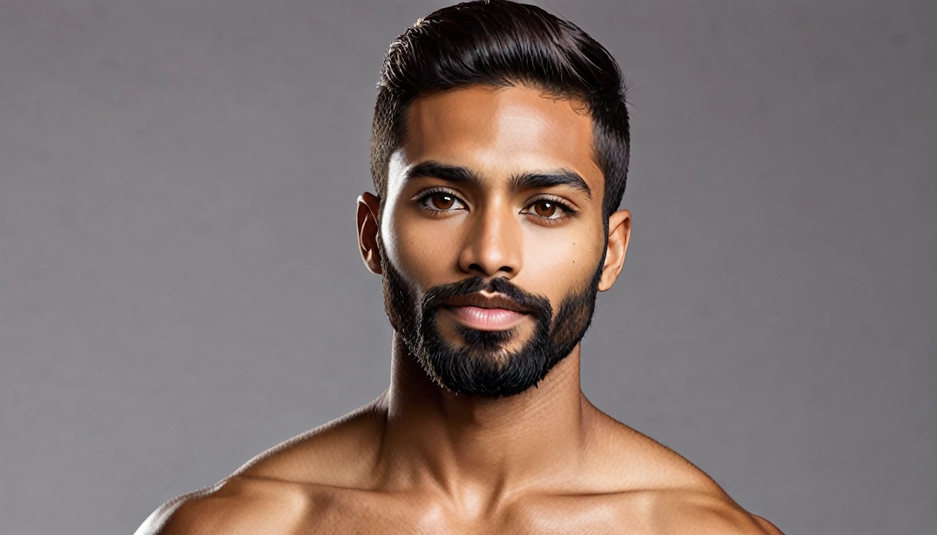 a tall boy , dense beared brown skin with fit body six pacs brown eyes soft and small lips