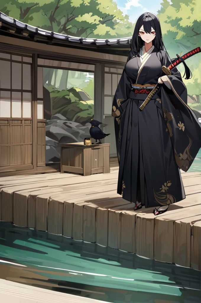 Raven woman, tall, long black hair with white tips, large breasts, defined, wearing a black kimono with gold ornaments, in front of a table with a stand like a samurai katana,Old Japanese house porch background with small river with karpas swimming