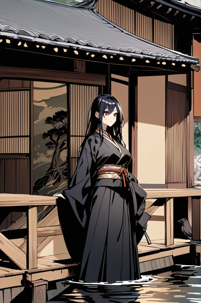 Raven woman, tall, long black hair with white tips, large breasts, defined, wearing a black kimono with gold ornaments, in front of a table with a stand like a samurai katana,Old Japanese house porch background with small river with karpas swimming