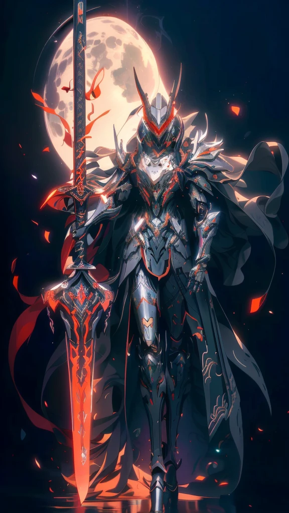 Anime characters wearing a red cloak and sword before the full moon, Badass anime 8 K, high quality warframe fanart, exquisite warframe fanart, Anime epic artwork, Anime art wallpaper 4 K, Anime art wallpaper 4k, anime mecha aesthetic, Onmyoji detailed art, detailed warframe fanart, High quality digital concept art, Dragon Knight, Red armor, (solo)