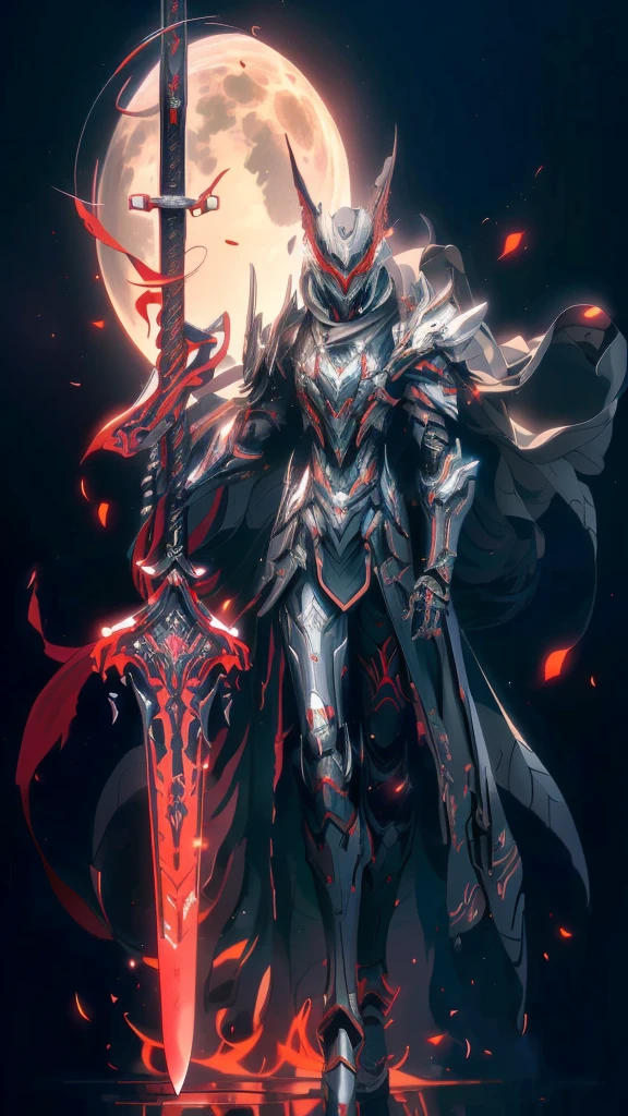 Anime characters wearing a red cloak and sword before the full moon, Badass anime 8 K, high quality warframe fanart, exquisite warframe fanart, Anime epic artwork, Anime art wallpaper 4 K, Anime art wallpaper 4k, anime mecha aesthetic, Onmyoji detailed art, detailed warframe fanart, High quality digital concept art, Dragon Knight, Red armor, (solo)