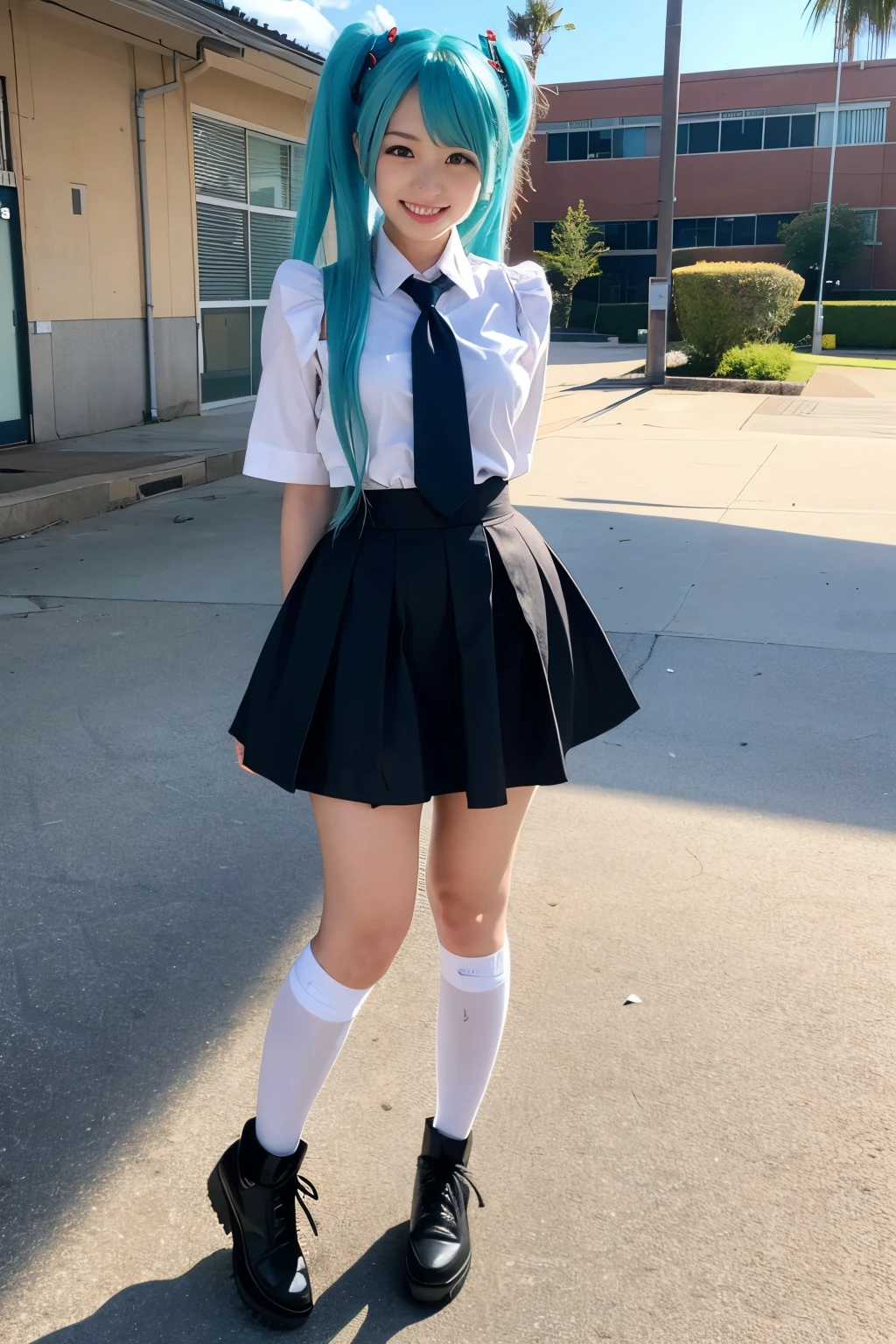 Empty school yard、Hatsune Miku Cosplay、Hairstyle、Are standing、Cute face、Smiling、Full body portrait