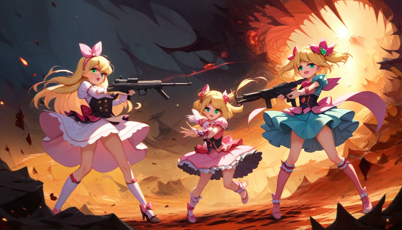 ((multiple girls:1.3)), ((moe style:1.3)), ((magical girls:1.3)), ((gun firing:1.3)), ((battle:1.3)), ((machine gun:1.3)), ((hell:1.3)), ((centerfold:1.3)), ((extremely feminine:1.3)), perfect hands, ((perfect face)), ((extremely cute:1.3)), ((masterpiece)), ((8k)), ((best quality)), ((beautiful)), ((extremely detailed:1.3)) , ((absurdres)), AddXL, ((score_9:1.3)), ((score_8_up:1.3)), ((score_7_up:1.3)),