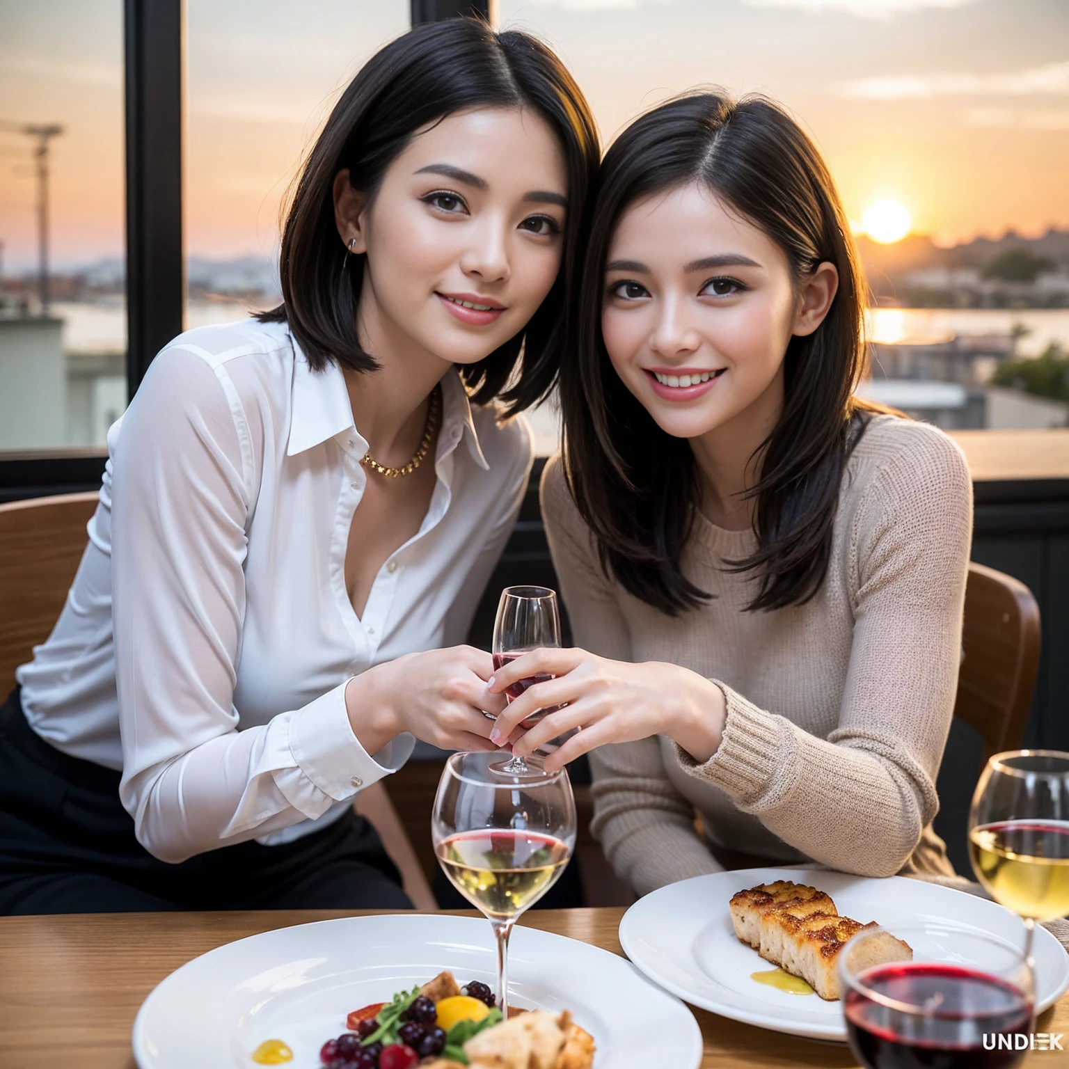 ((Highest quality、8K、masterpiece:1.3))、 (Ultra-realistic、 Genuine、Bright image、Intricate details:1.2), 最高のsmile、1 male、1 female、Beautiful couple、love love love、lover、Good friends、actress couple、smile、Full-course dinner at a packed table、 (Slim face), (the body is slim), (Brown Hair), (short hair), テーブルのwine glass、Please shine a light on my face、 Amazing view of the sunset sky and clouds、 39 years old, red wine 、Appetizers、Wine bottle、sparkling wine、Long sleeve shirt、dress、White wine, red wine, wine glass,