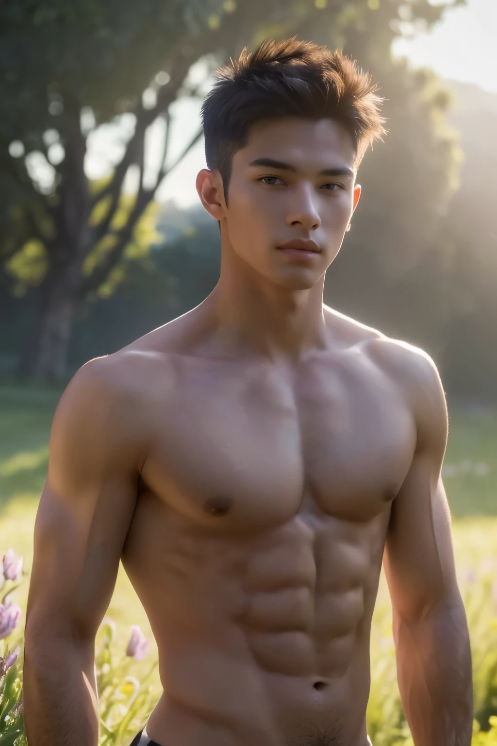 a young handsome male model, athletic build, , ripped and wearing only sexy micro , strong confident pose, lavender flower field, (best quality, 4k, 8k, highres, masterpiece:1.2), ultra-detailed, (realistic, photorealistic, photo-realistic:1.37), HDR, UHD, studio lighting, highly detailed eyes and face, vibrant colors, bokeh
