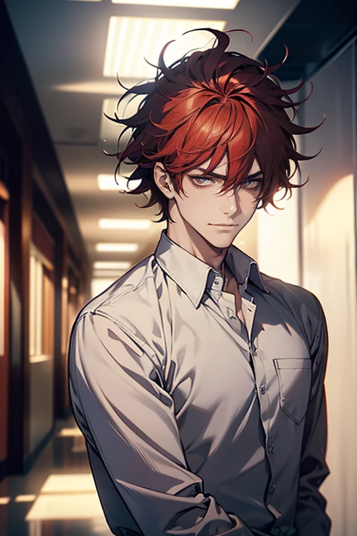 (tmasterpiece, high resolution, ultra - detailed:1.0), (1 male, masculine face), Perfect male body, tall and strong, Adult male, Delicate eyes and delicate face, Extremely detailed CG, Unity 8k wallpaper, Complicated details, Detailed face, (red hair, messy hair, serious faces, white shirts,Bad students), (frown, smile:1.3 in love), stad in school corridor, street style, color difference, Depth of field, dramatic shadow, Ray tracing, Best quality, Cinematic lighting, offcial art,Portrait