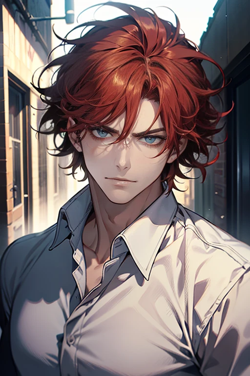 (tmasterpiece, high resolution, ultra - detailed:1.0), (1 male, masculine face), Perfect male body, tall and strong, Adult male, Delicate eyes and delicate face, Extremely detailed CG, Unity 8k wallpaper, Complicated details, Detailed face, (red hair, messy hair, serious faces, white shirts,Bad students), (frown, smile:1.3 in love), stad in school corridor, street style, color difference, Depth of field, dramatic shadow, Ray tracing, Best quality, Cinematic lighting, offcial art,Portrait
