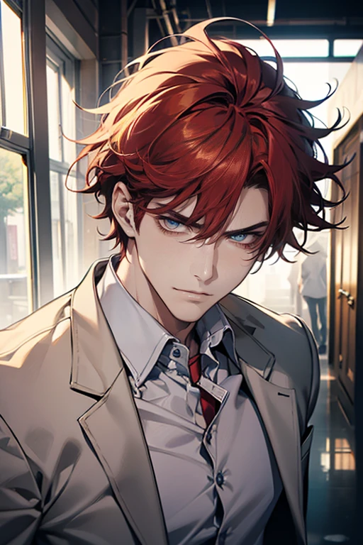 (tmasterpiece, high resolution, ultra - detailed:1.0), (1 male, masculine face), Perfect male body, tall and strong, Adult male, Delicate eyes and delicate face, Extremely detailed CG, Unity 8k wallpaper, Complicated details, Detailed face, (red hair, messy hair, serious faces, white shirts,Bad students), (frown, smile:1.3 in love), stad in school corridor, street style, color difference, Depth of field, dramatic shadow, Ray tracing, Best quality, Cinematic lighting, offcial art,Portrait