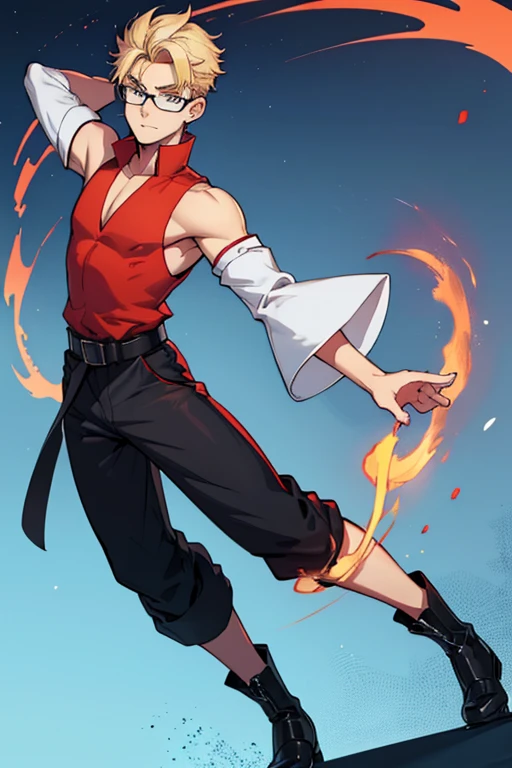 male, blue eyes, blonde hair, (((1boy))), (((red sleeveless tunic))), (white shirt with sleeves rolled up), (black pants), (black boots), (black belt), (glasses), long legs, trimmed goatee, slender