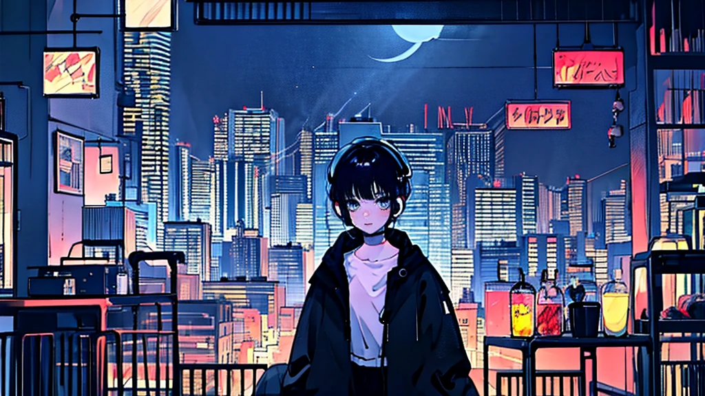 Black short Hair, Black Clothing, One Adult Woman Looking Sideways ,Blue headphones、 City of night, Delicate background、Masterpiece、Night Town、night、dark、Nostalgic、Country Road、
