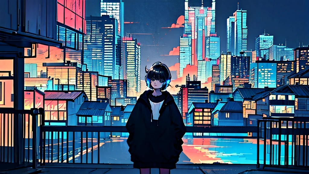 Black short Hair, Black Clothing, One Adult Woman Looking Sideways ,Blue headphones、 City of night, Delicate background、Masterpiece、Night Town、night、dark、Nostalgic、Country Road、