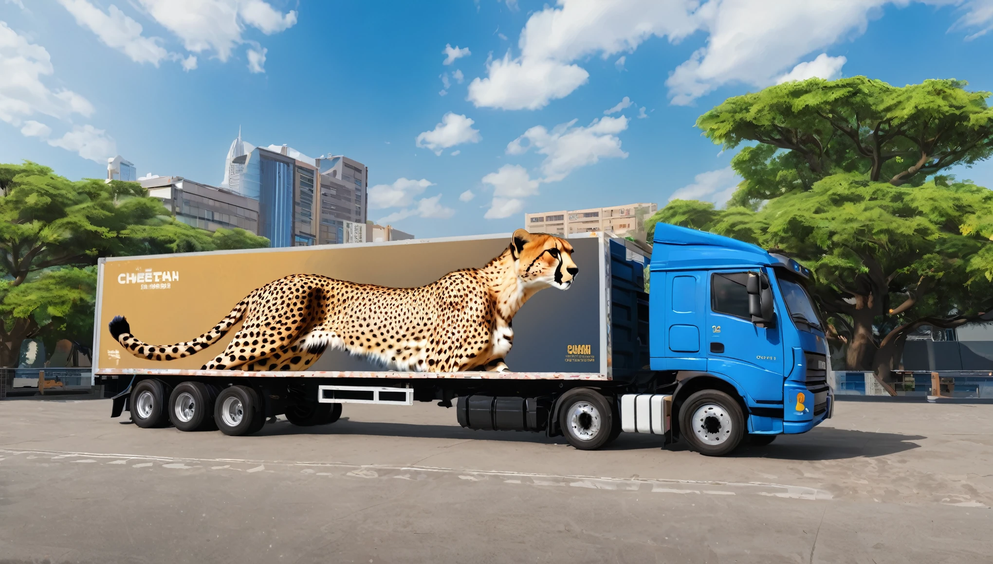 There is an illustration of a cheetah on the side of the large truck box.。The truck was parked in a busy area、The lighting is beautifully done。フォトRealistic:1.2, Realistic, masterpiece:1.2: