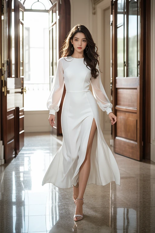 highest quality、4K、Perfect Face、Perfect Style、perfect body、Sunburn、beautiful lady、mature、long curly layer brown hair、Swept-back hair、full body, sexy 、charming、healthy、of the highest quality、8K、Generate a hyper-realistic image of a beautiful woman walking confidently down a sleek, modern corridor. She is wearing a long, elegant white dress with long sleeves, featuring a high slit that reveals one of her legs as she strides forward. The dress flows gracefully, accentuating her poised movement. Her hair is styled in loose waves, and she has a serious, captivating expression. The background consists of minimalist, clean lines with a soft, natural light streaming in from a large window behind her, casting a subtle glow and reflection on the polished floor."