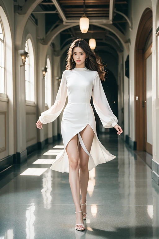 highest quality、4K、Perfect Face、Perfect Style、perfect body、Sunburn、beautiful lady、mature、long curly layer brown hair、Swept-back hair、full body, sexy 、charming、healthy、of the highest quality、8K、Generate a hyper-realistic image of a beautiful woman walking confidently down a sleek, modern corridor. She is wearing a long, elegant white dress with long sleeves, featuring a high slit that reveals one of her legs as she strides forward. The dress flows gracefully, accentuating her poised movement. Her hair is styled in loose waves, and she has a serious, captivating expression. The background consists of minimalist, clean lines with a soft, natural light streaming in from a large window behind her, casting a subtle glow and reflection on the polished floor."