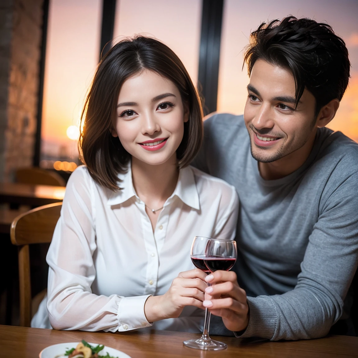((Highest quality、8K、masterpiece:1.3))、 (Ultra-realistic、 Genuine、Bright image、Intricate details:1.2), 最高のsmile、1 male、1 female、Beautiful couple、love love love、lover、Good friends、actress couple、smile、Full-course dinner at a packed table、 (Slim face), (the body is slim), (Brown Hair), (short hair), テーブルのwine glass、Please shine a light on my face、 Amazing view of the sunset sky and clouds、 years old 39 years old, red wine 、Appetizers、Wine bottle、sparkling wine、Long sleeve shirt、dress、White wine, red wine, wine glass,