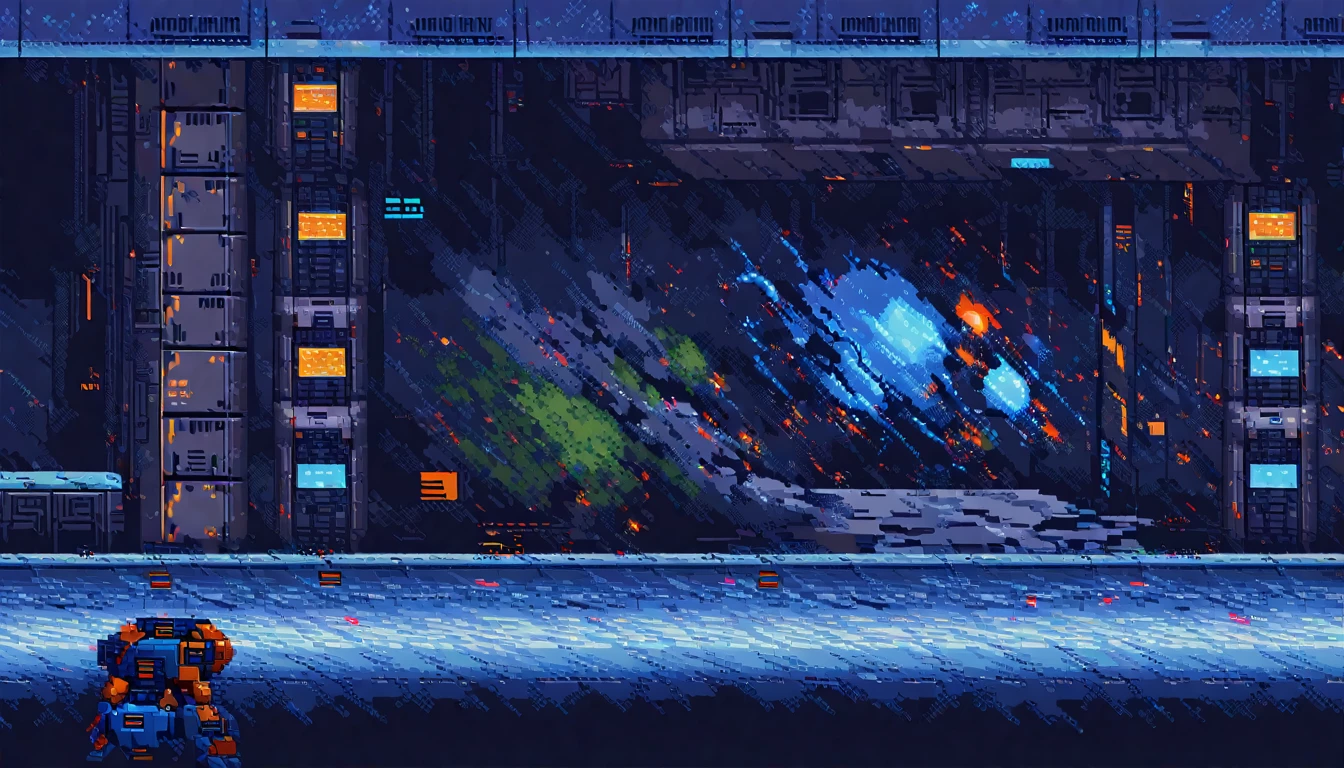 metroidvania, robot, close-up, cyberpunk, sidescroller, (work of art, best qualityer:1.2), pixel art,terrestrial space, futuristic snow scenery