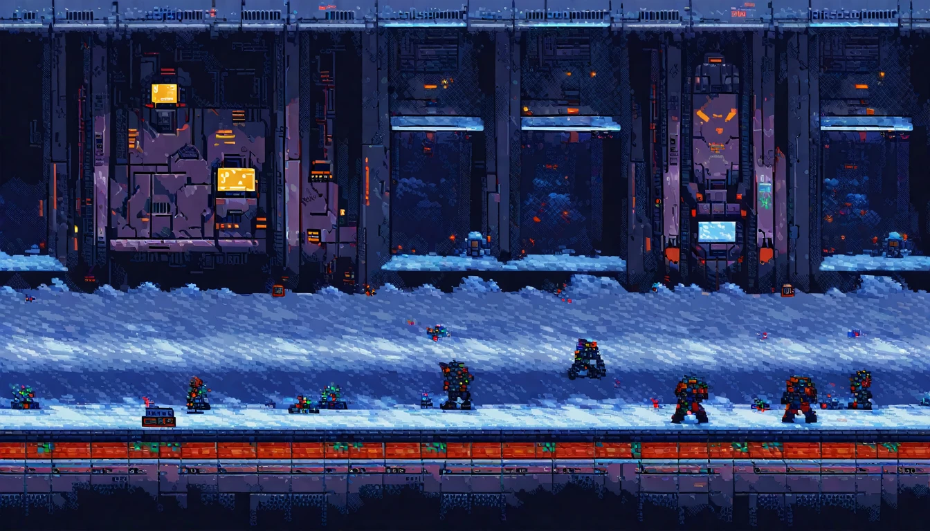 metroidvania, robot, close-up, cyberpunk, sidescroller, (work of art, best qualityer:1.2), pixel art,terrestrial space, futuristic snow scenery