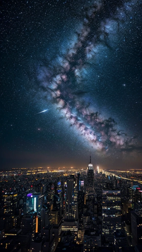 Starry sky with constellations, Purple hue like a nebula, Vast space, Cyberpunk City at the Bottom,