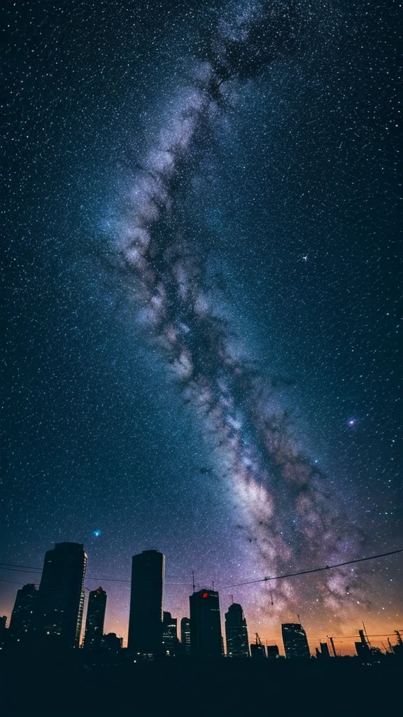 Starry sky with constellations, Purple hue like a nebula, Vast space, Cyberpunk City at the Bottom,